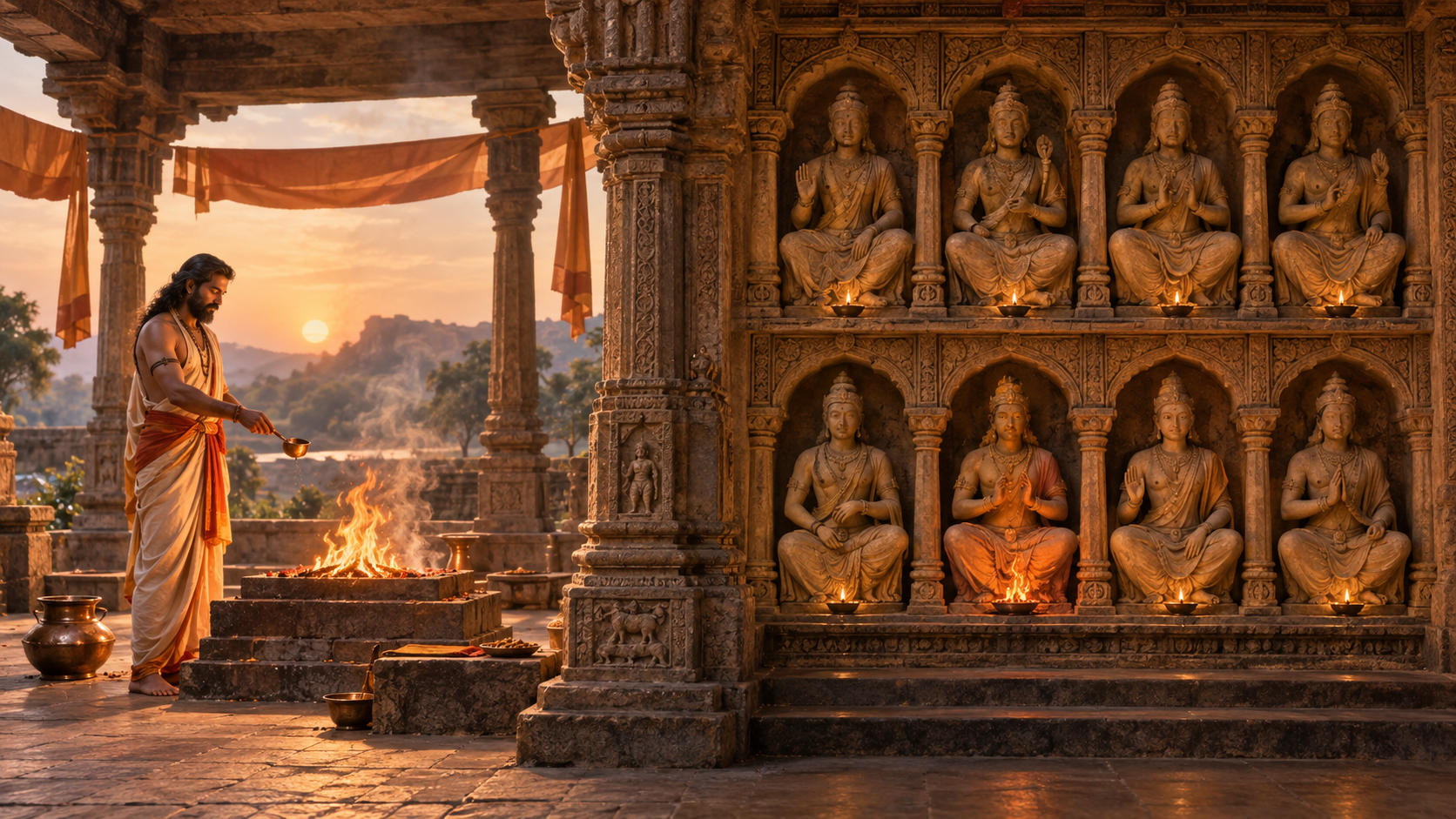 Two fire-associated sacred contexts are shown side by side: an individual figure beside a ritual altar and one figure within an eight-member celestial group.