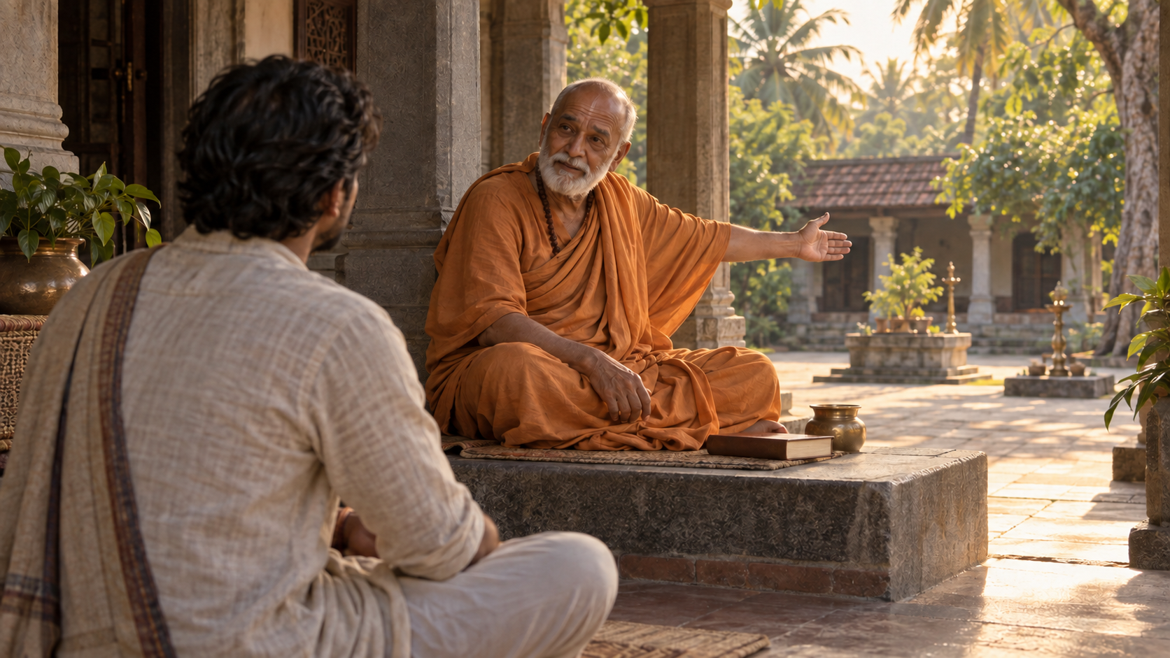 A seated seeker listens to an ochre-robed renunciant who gestures toward a quiet ceremonial space in an ashram courtyard.