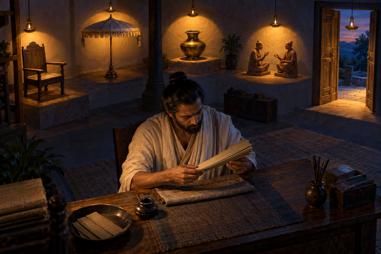 A researcher studies an unmarked palm-leaf bundle beside five lamps illuminating different contextual objects.