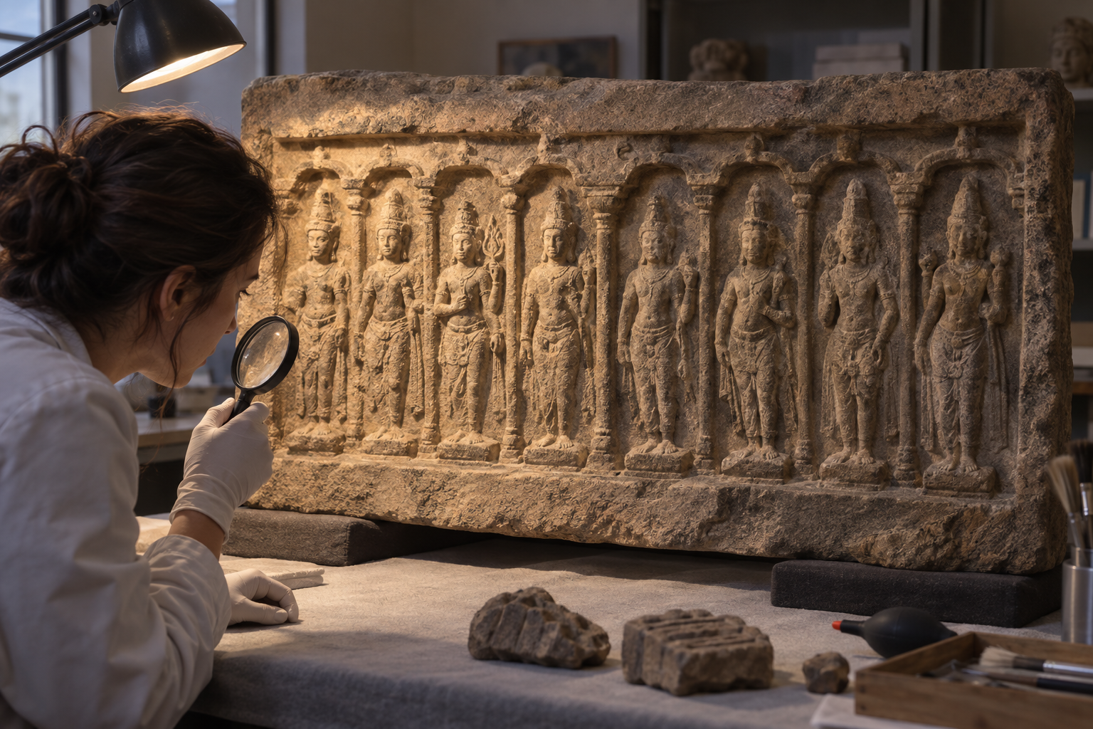 A researcher examines a worn sandstone relief of eight divine figures under angled light, focusing on one figure with a faint flame motif.