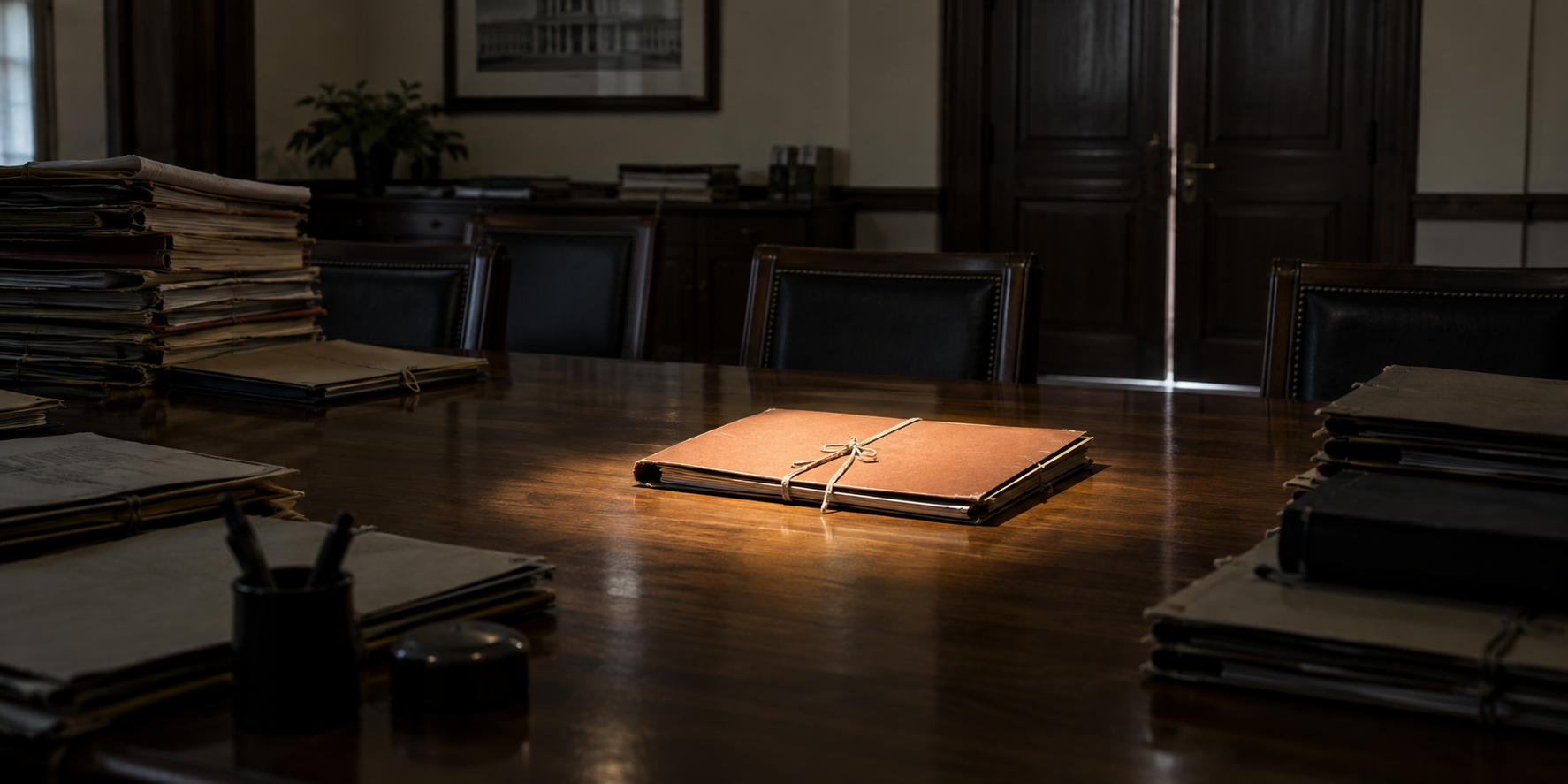 A sealed folder illuminated on a government review table while other case files and a closed chamber door remain in shadow.