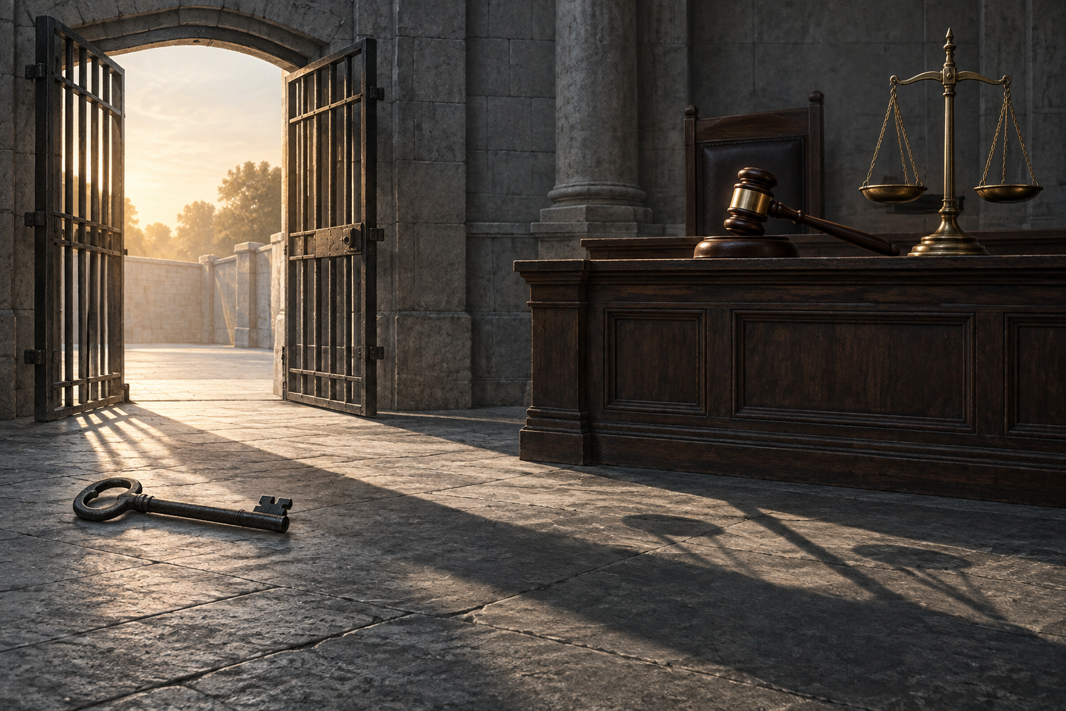 An open prison gate and iron key beside a gavel and balanced scales, symbolizing the difference between release and acquittal.