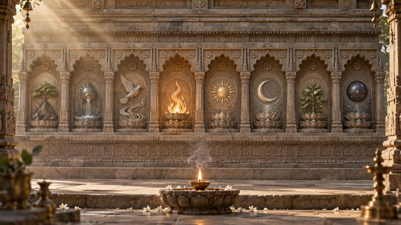 Eight carved temple niches hold divine figures, with one fire-lit niche reflected by a small ritual flame in the foreground.