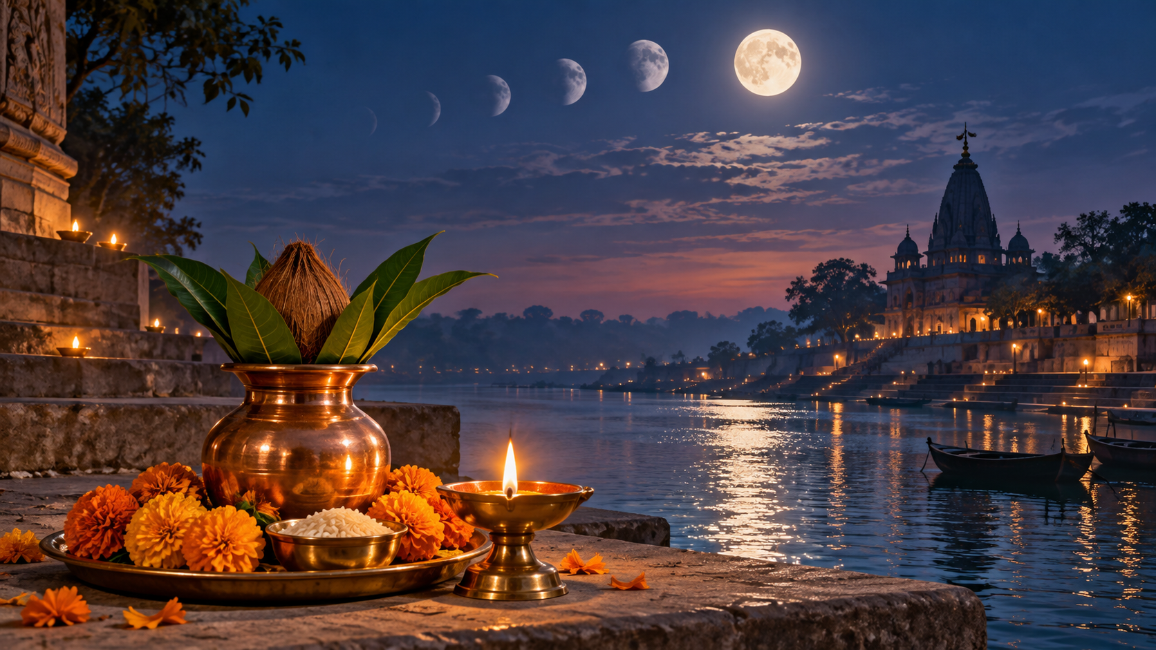 A nearly full moon rises above a temple and riverside ghat, with a glowing brass diya, marigolds, rice, and a copper kalasha in the foreground.