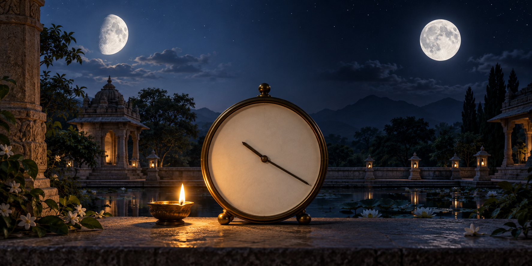 An unmarked analog clock showing about 10:20 stands between a waxing gibbous moon and a full moon in a temple courtyard at night.