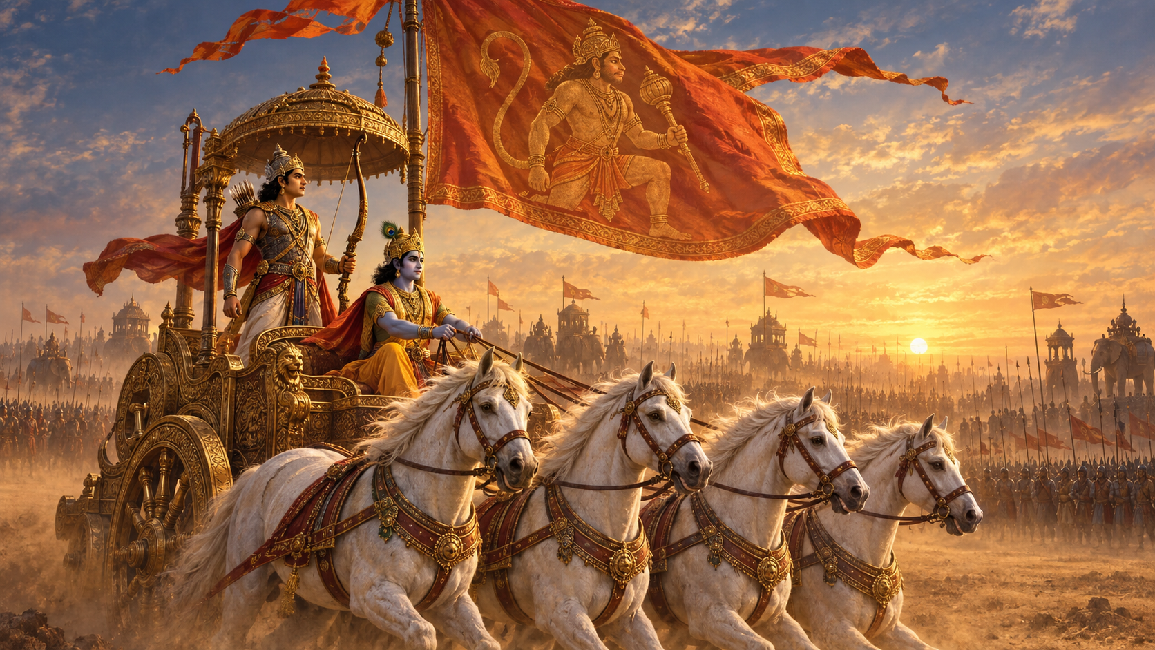 Arjuna stands with his bow on a chariot driven by Krishna while a saffron banner bearing Hanuman flies above them at Kurukshetra.