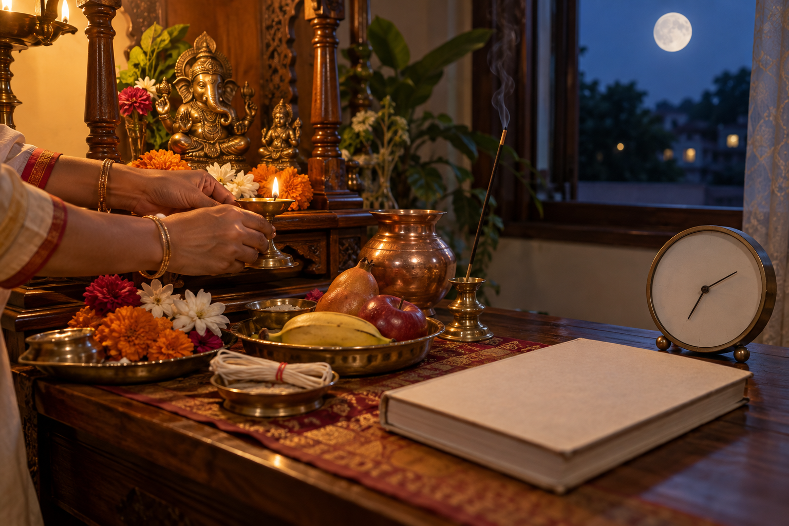 A devotee's hands prepare an evening puja altar with a diya, flowers, fruit, incense, a copper vessel, a closed almanac, and an unmarked clock beneath a nearly full moon.