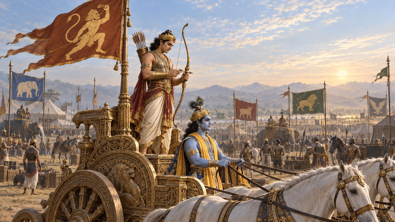 Arjuna prepares his bow on his chariot beneath a fixed Hanuman standard while other warriors gather under separate battle flags in the distance.