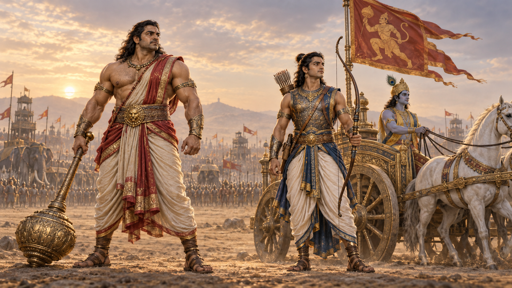 Bhima stands with a mace beside Arjuna and his chariot, above which a banner bearing Hanuman is flying.