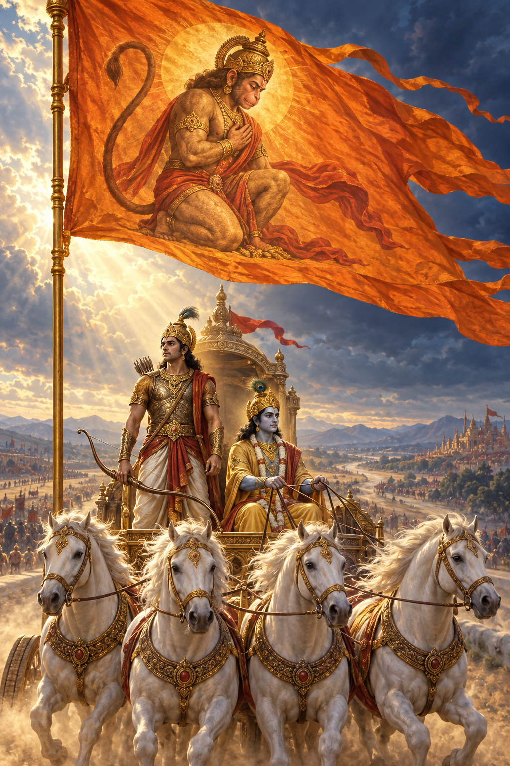 A kneeling image of Hanuman appears on a windblown banner above Arjuna, Krishna, and the white horses of their chariot.
