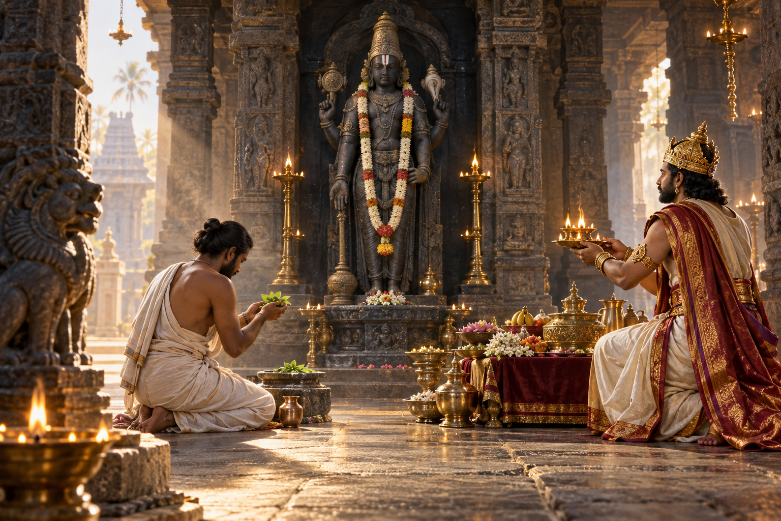 Vishnudas offers tulsi leaves and water while a Chola king presents elaborate offerings before a Vishnu murti in a South Indian temple.