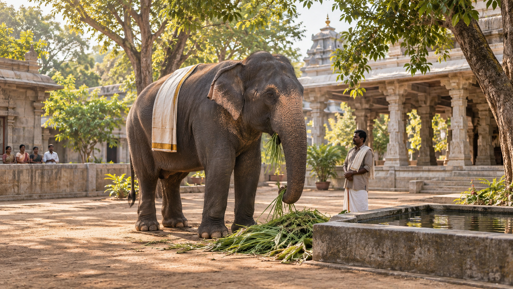 An Asian elephant stands in a shaded temple courtyard with water and fodder while a caretaker and devotees remain at a respectful distance.