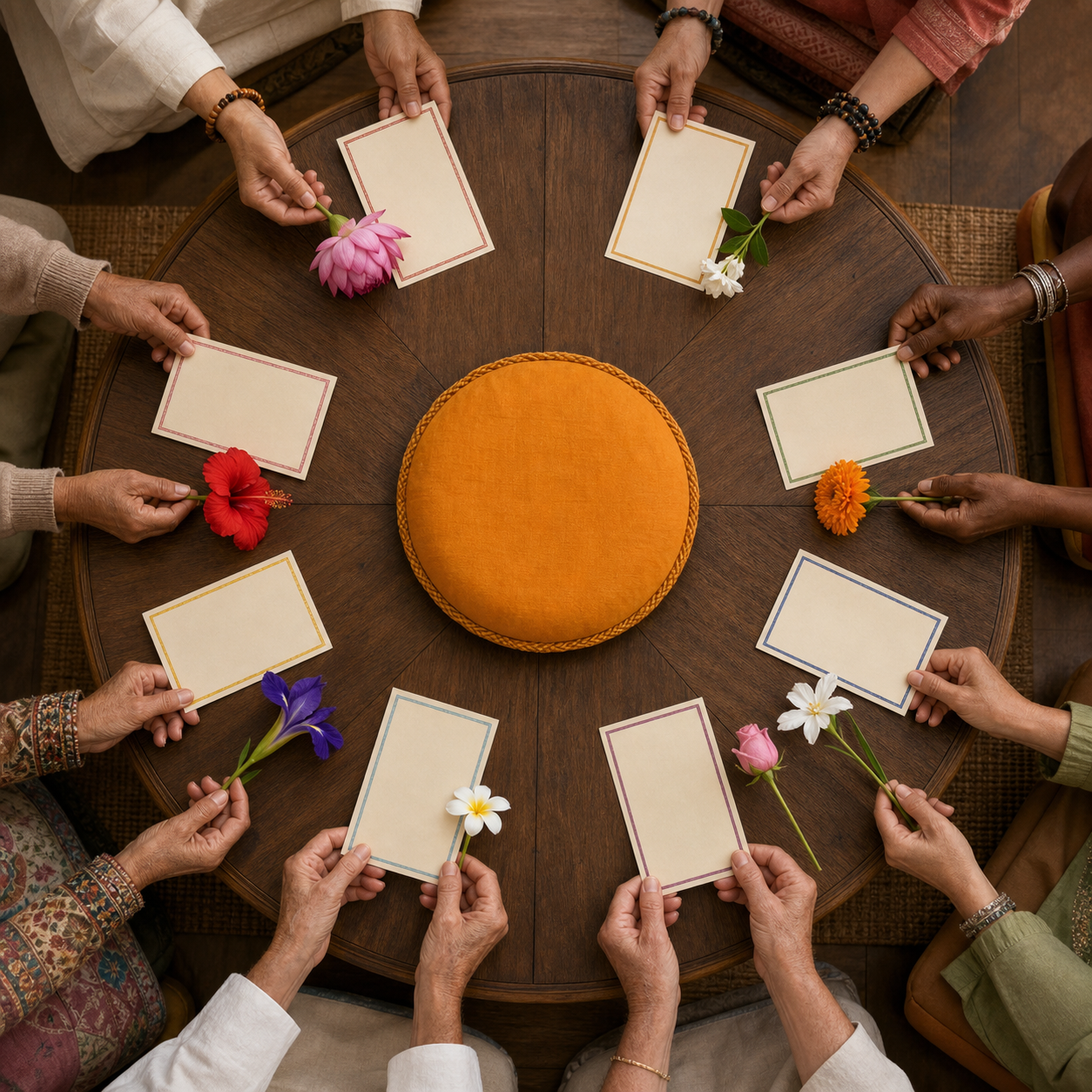 People of different ages hold separate blank page cards and place varied flowers around an empty saffron cushion.