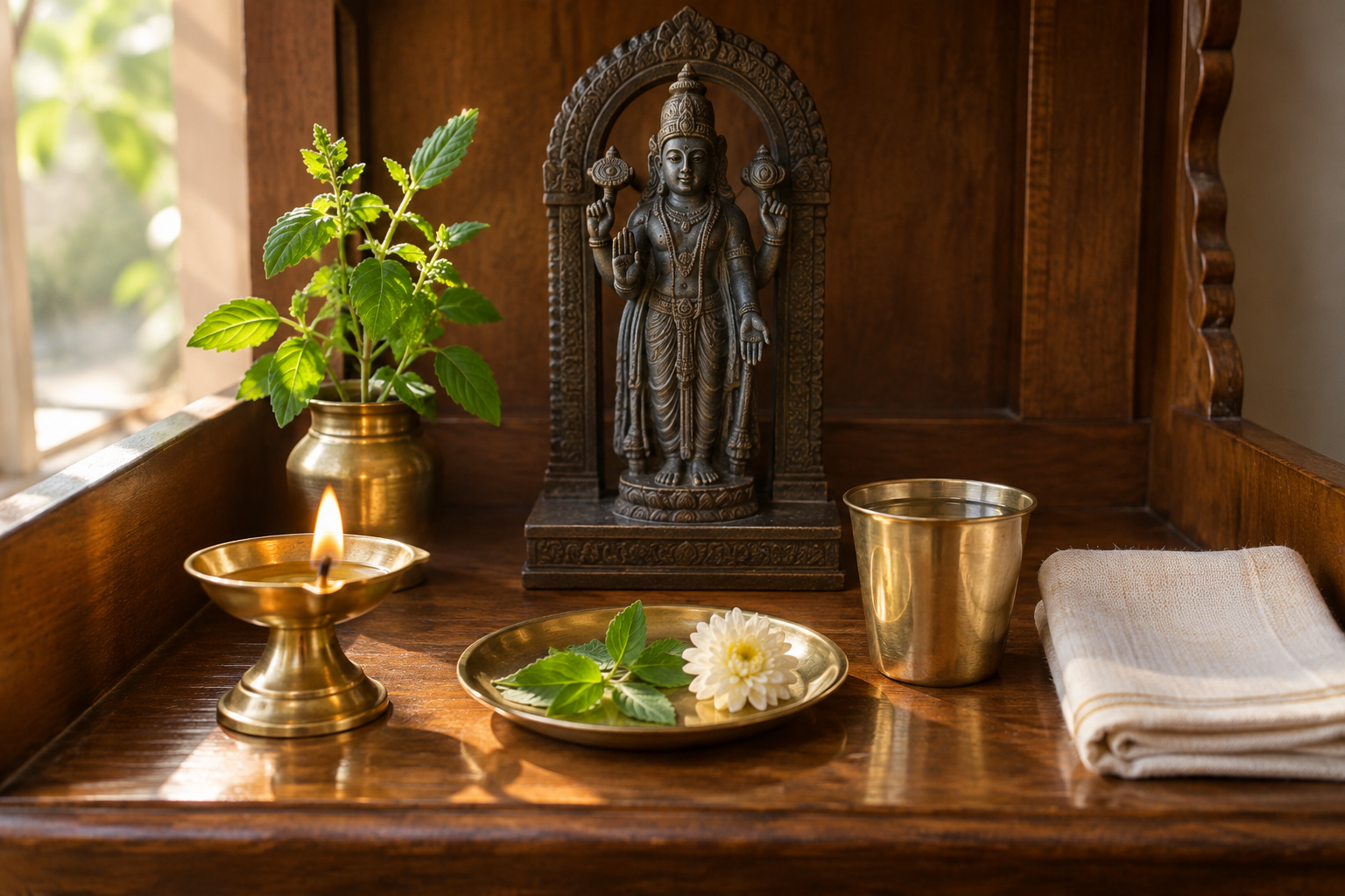 A clean home shrine holds a small Vishnu murti, a lit brass lamp, water, tulsi leaves, and one flower.