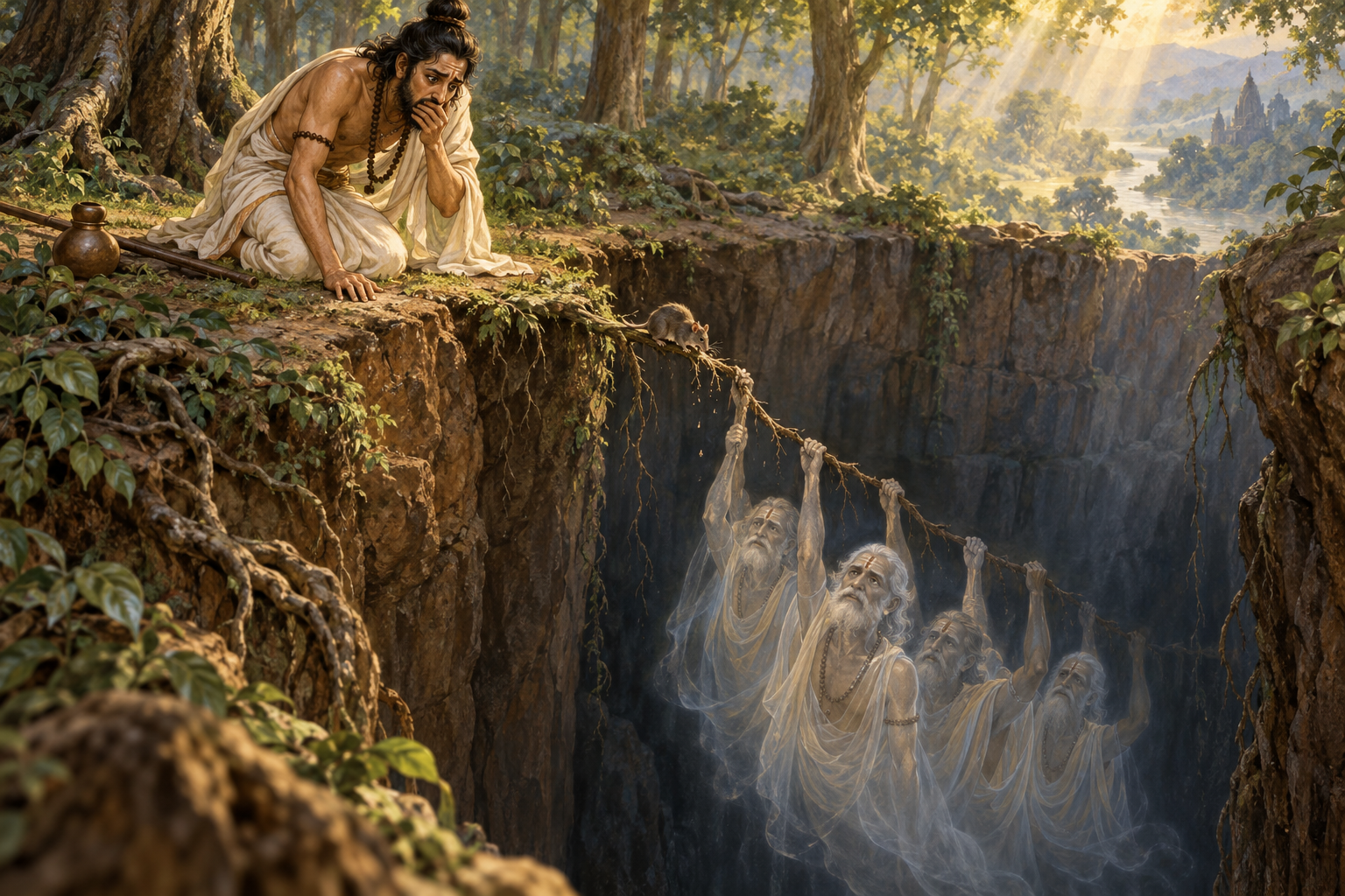 Jaratkaru kneels beside a forest ravine where his ancestral forefathers hang above the darkness from a fraying root.