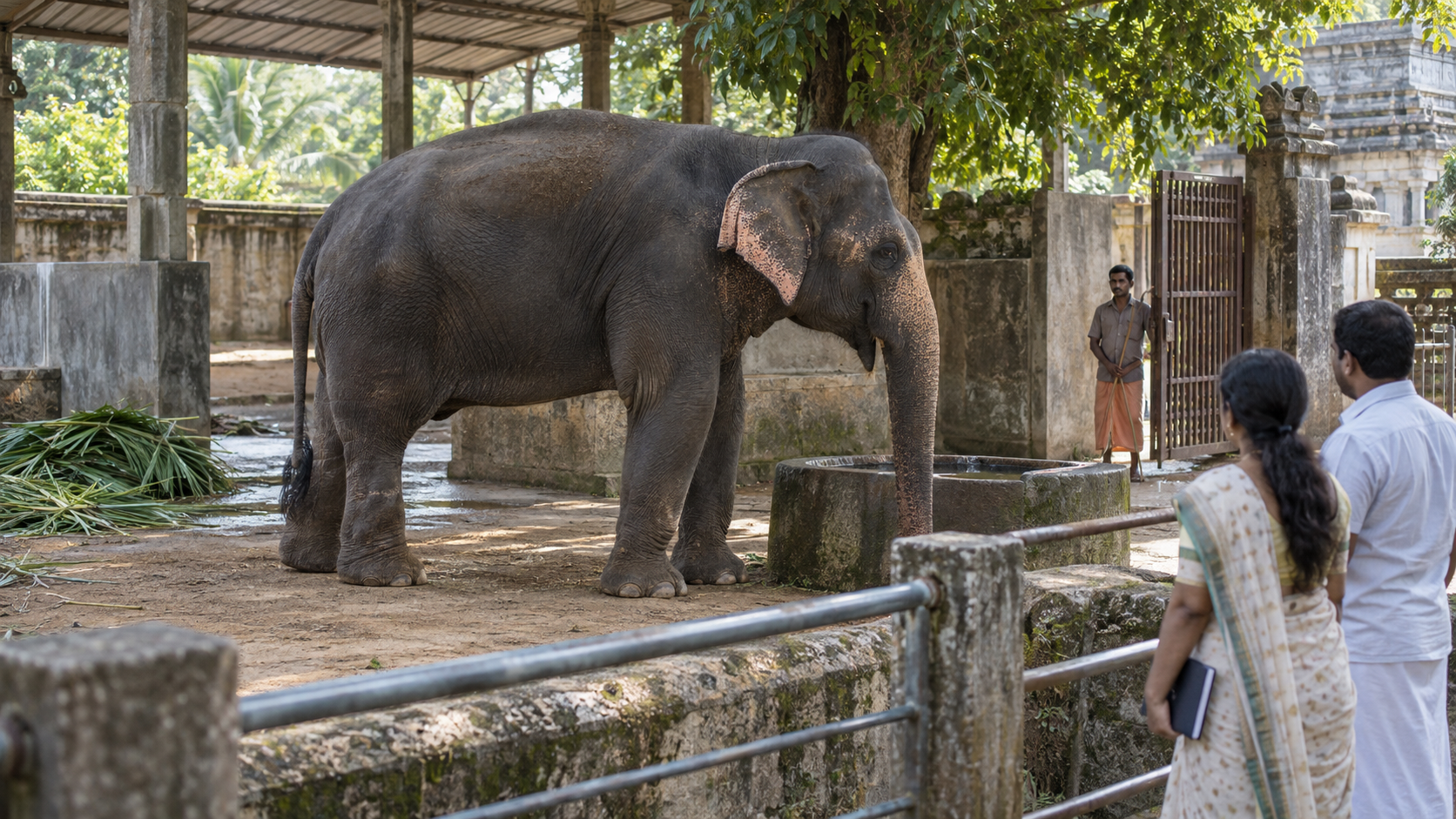 Two devotees observe an Asian elephant from outside a temple enclosure while a caretaker stands near the gate.