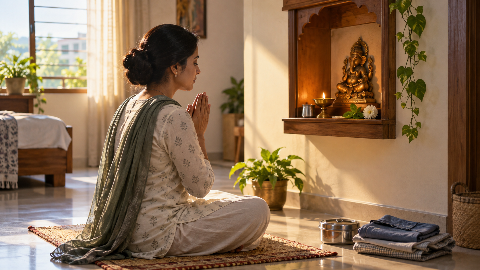 A devotee prays at a compact home shrine in the early morning beside simple offerings and everyday household items.