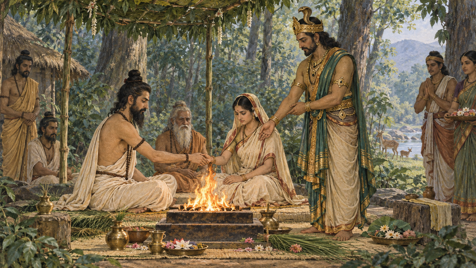 Jaratkaru and Vasuki's sister sit solemnly beside a sacred fire during a simple marriage ceremony in a forest hermitage.
