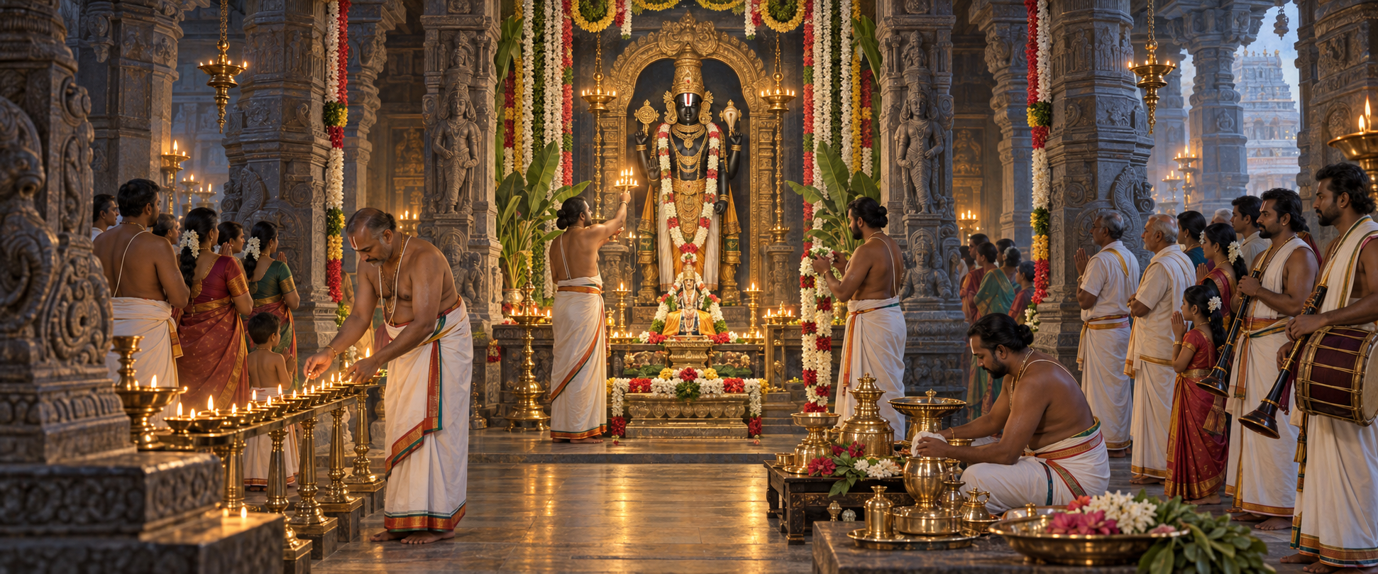 Priests and devotees coordinate lamps, flowers, vessels, and music during an elaborate Vishnu temple observance.