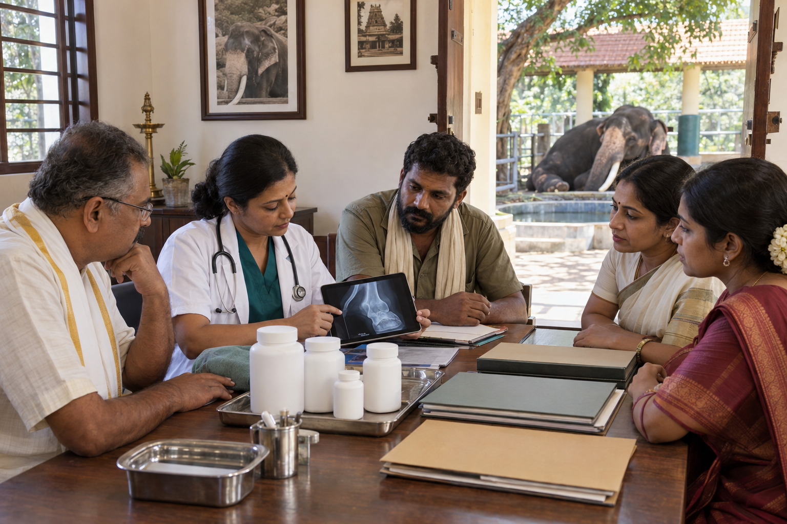 Temple representatives, a veterinarian, a caretaker and devotees review elephant care materials in a meeting room overlooking the animal's shaded yard.