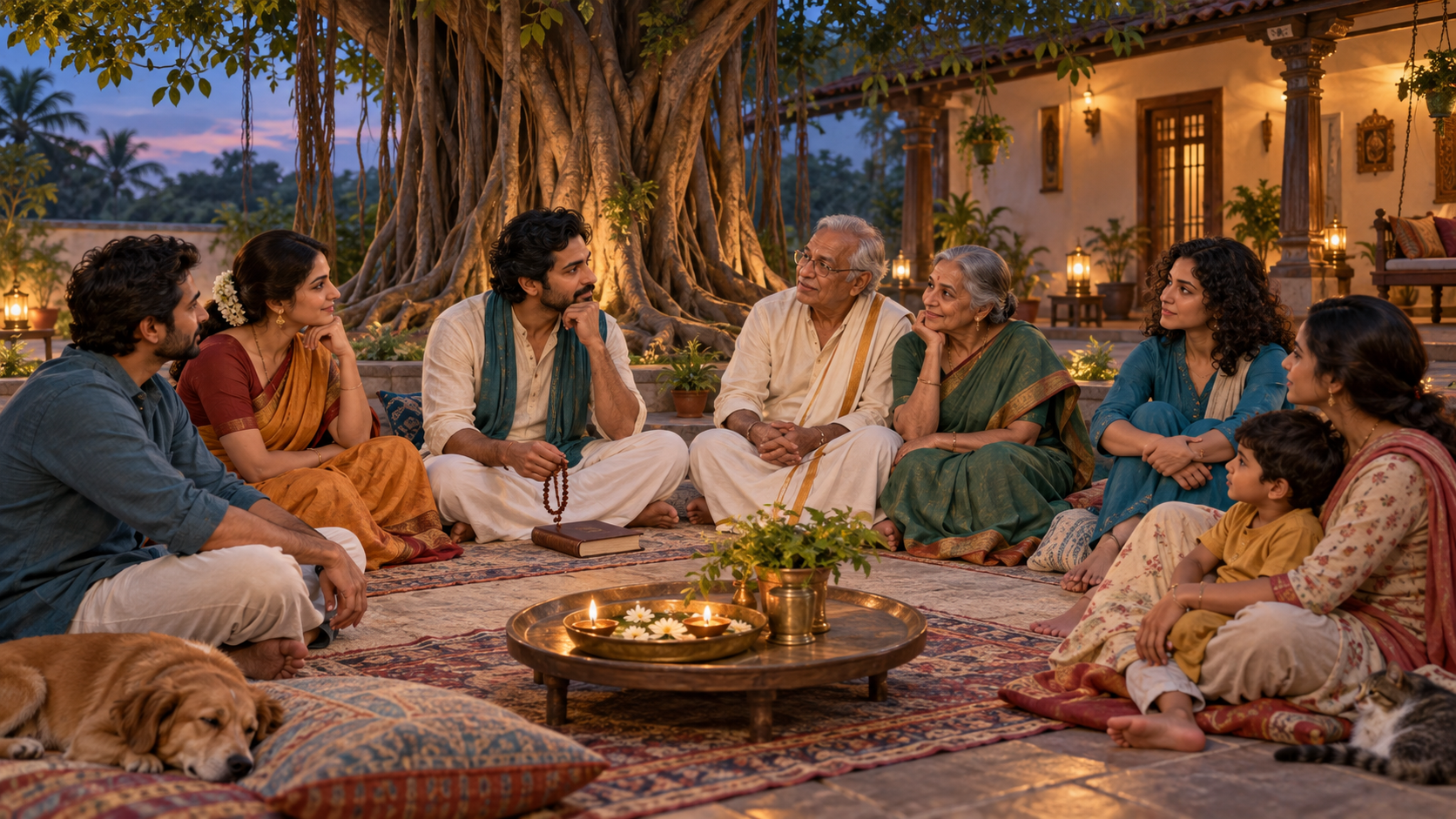 A multigenerational Indian family listens to one another in a courtyard beneath a banyan tree, with several adult life paths represented.