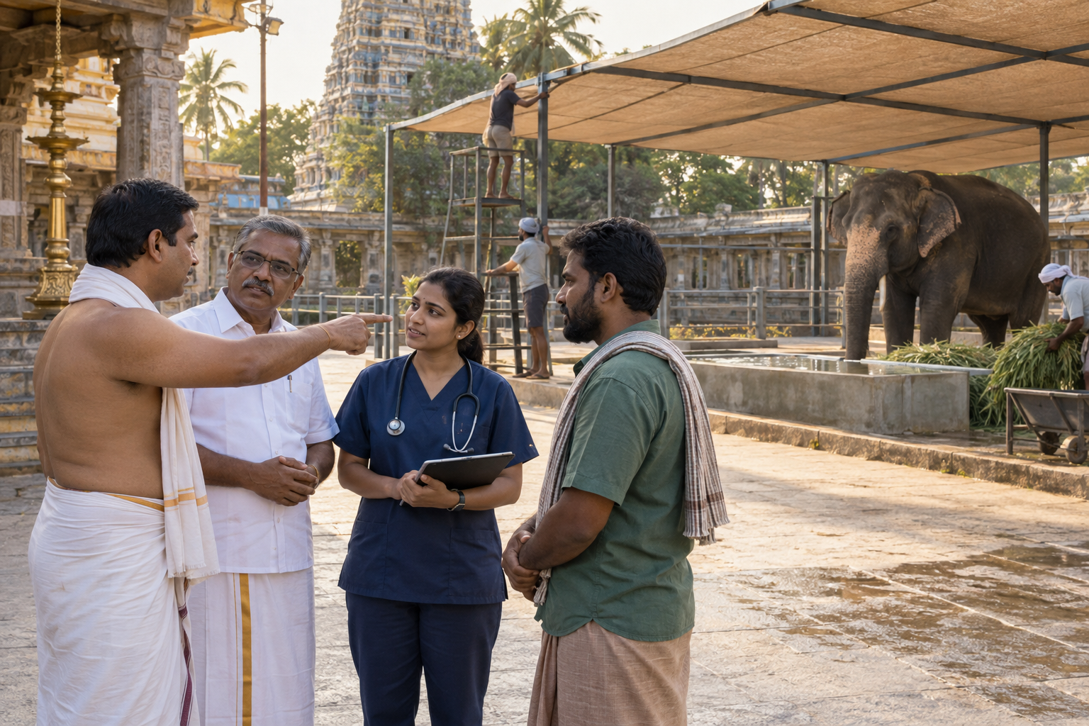 A devotee speaks with temple representatives and a veterinarian as workers improve a shaded elephant care area nearby.