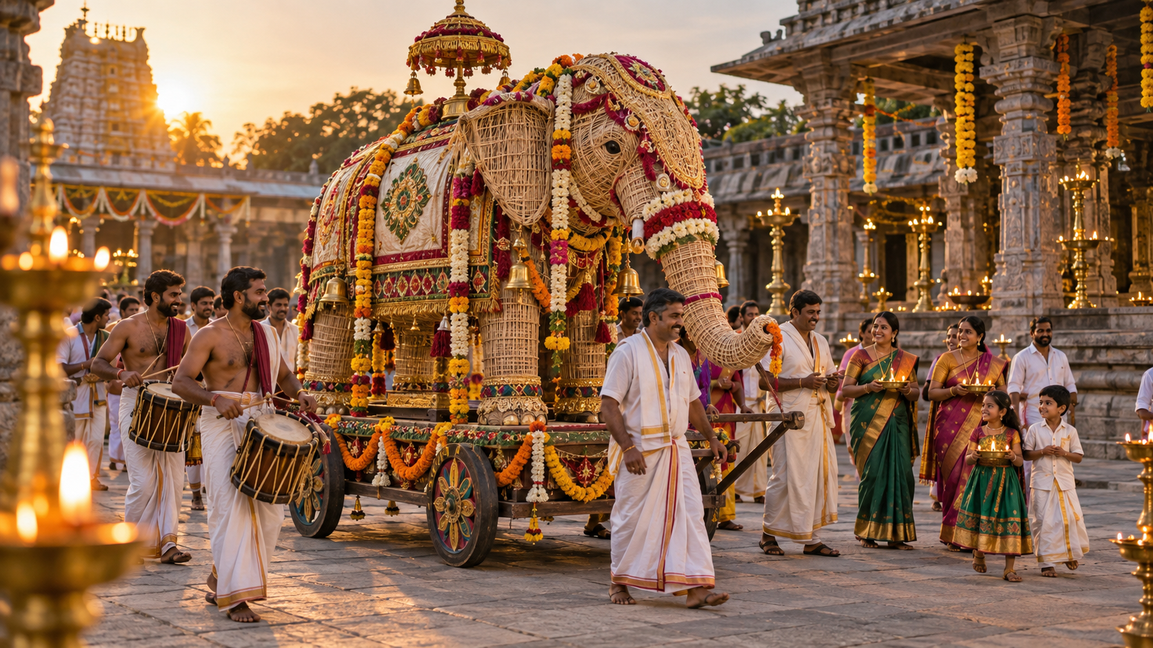 Devotees take part in a temple procession with a flower-decorated elephant effigy on a wheeled platform instead of a live animal.