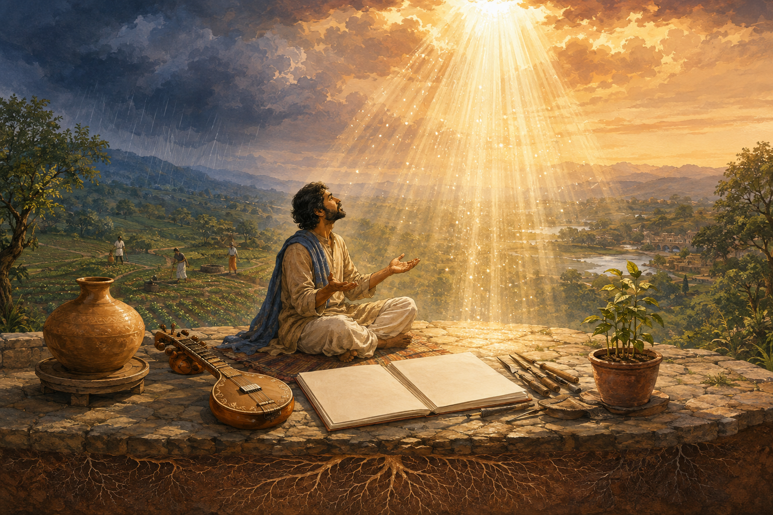 An artisan sits with open hands among tools, an instrument, a clay vessel, blank pages, and a plant as light descends from the sky.