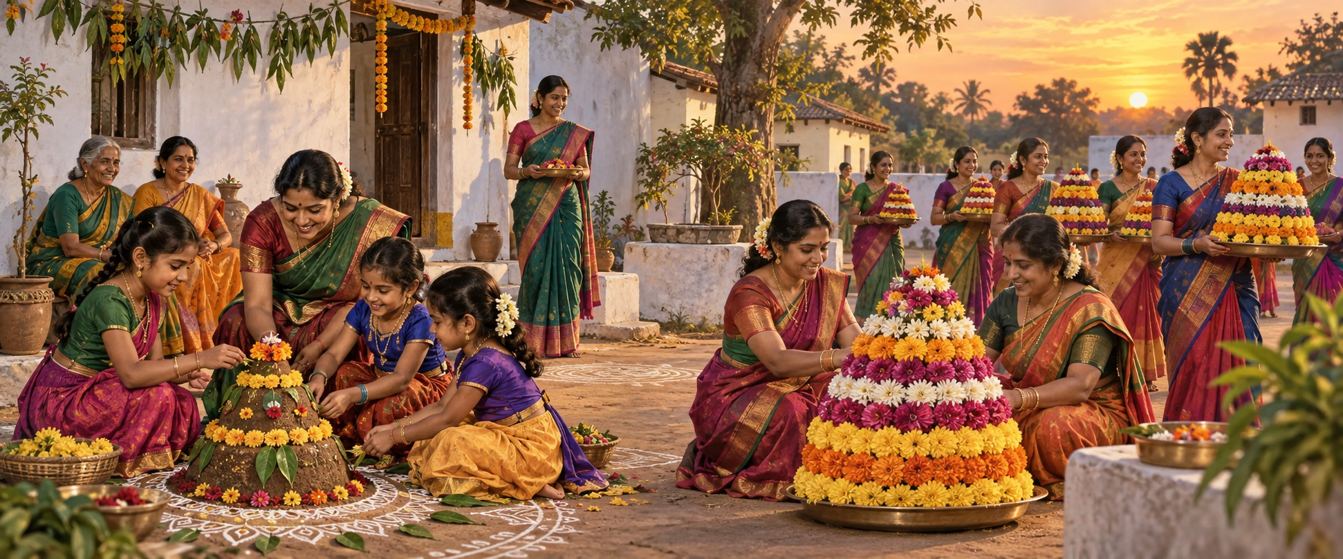 Girls and women in a Telangana courtyard gather around an earthen Boddemma as the scene transitions to women carrying layered Bathukamma flower arrangements.