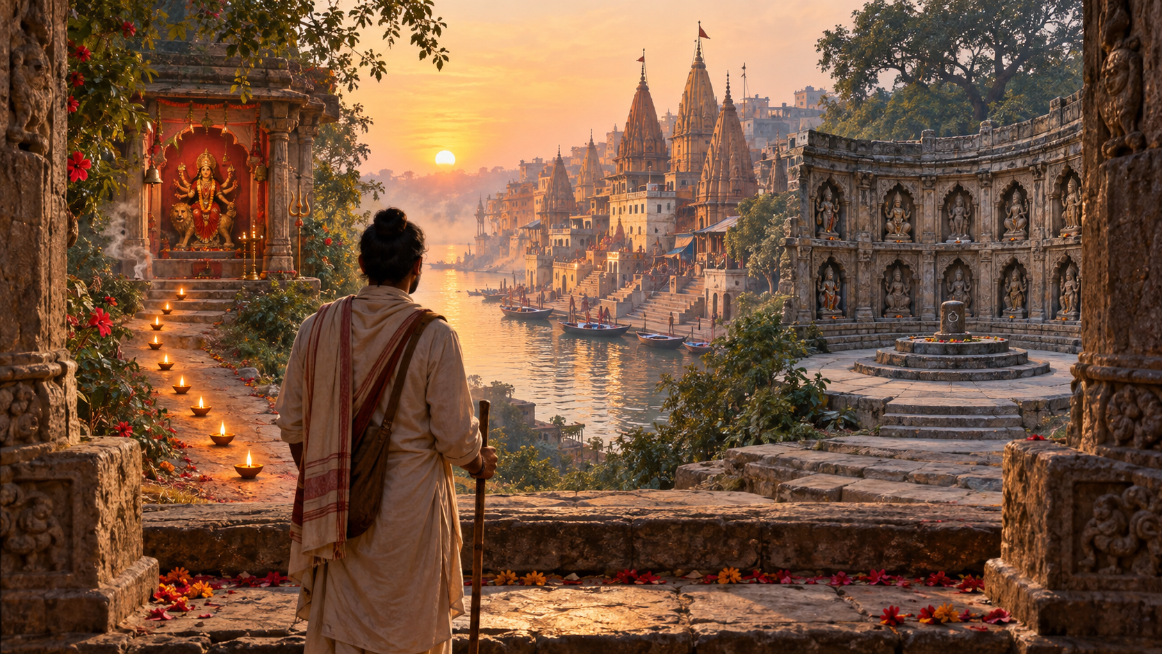 A pilgrim stands before three distinct sacred settings: nine oil lamps leading to a shrine, clustered Kashi temple spires, and a circular stone sanctuary with many niches.