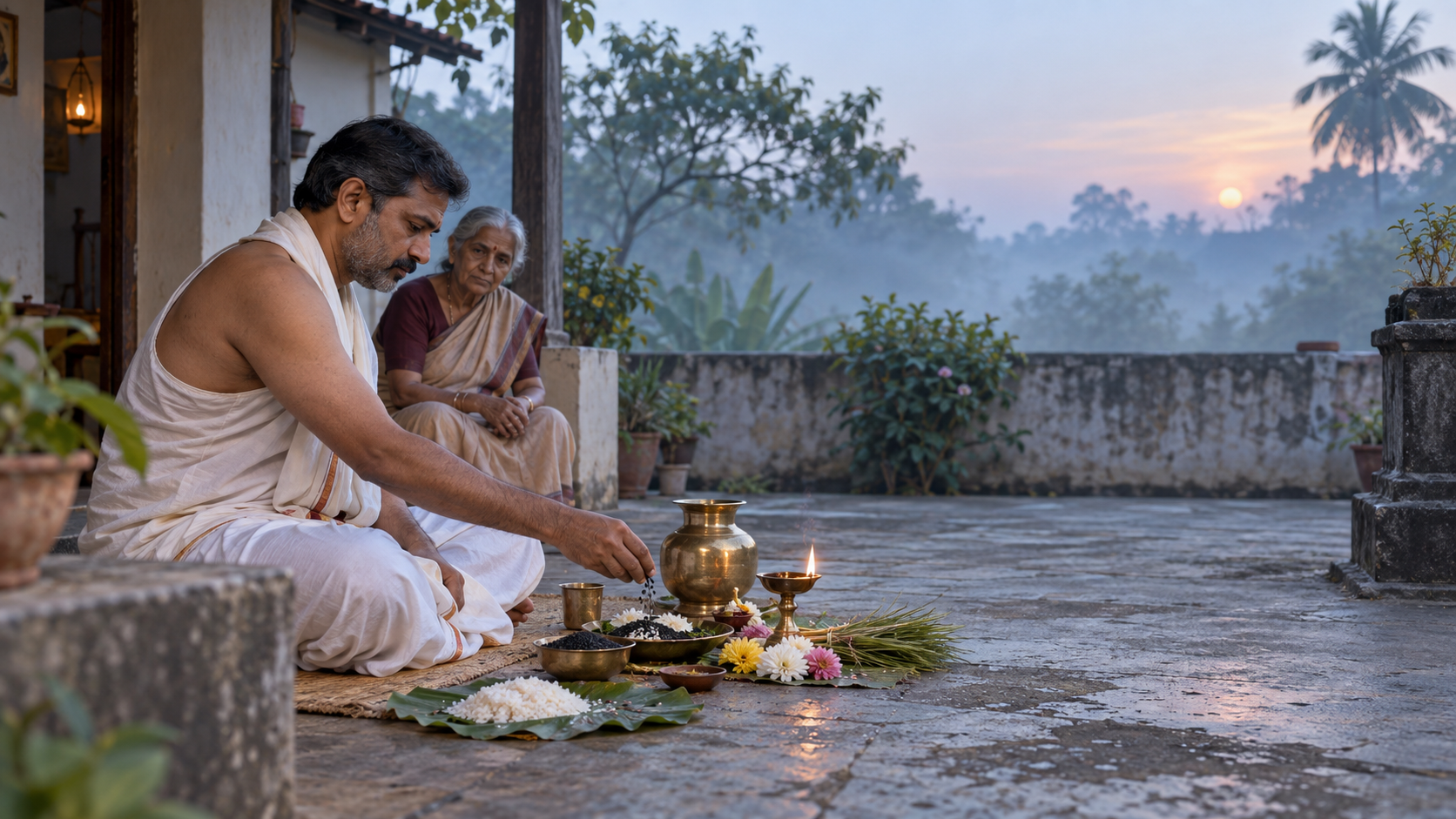 A householder prepares a brass water vessel, lamp, sesame seeds, darbha grass, flowers and rice offerings in a quiet courtyard at dawn.