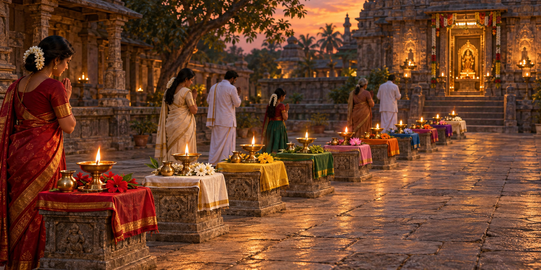 Nine flower-and-lamp offering stations form a processional path through a stone temple courtyard toward a lit sanctum.