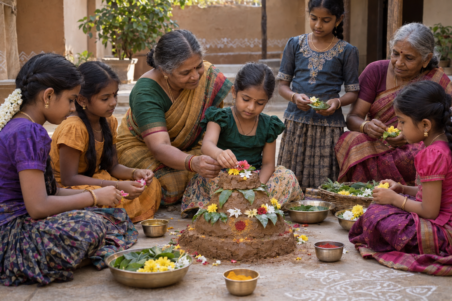 Girls and older women decorate a tiered earthen Boddemma with leaves, turmeric, vermilion, and small flowers in a courtyard.