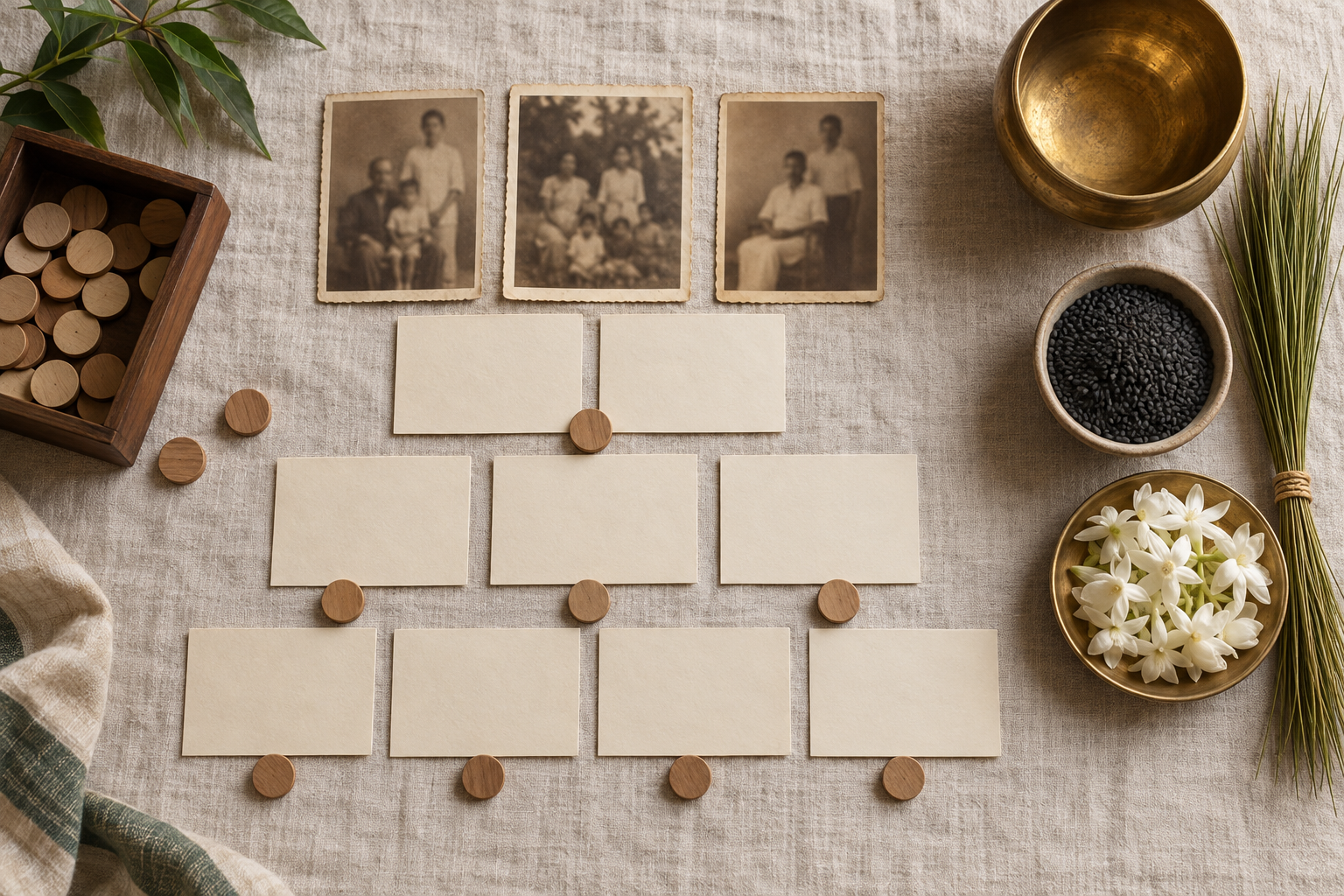 Blank family record cards and generic ancestral photographs are organized separately from brass vessels, sesame seeds, grass and flowers.