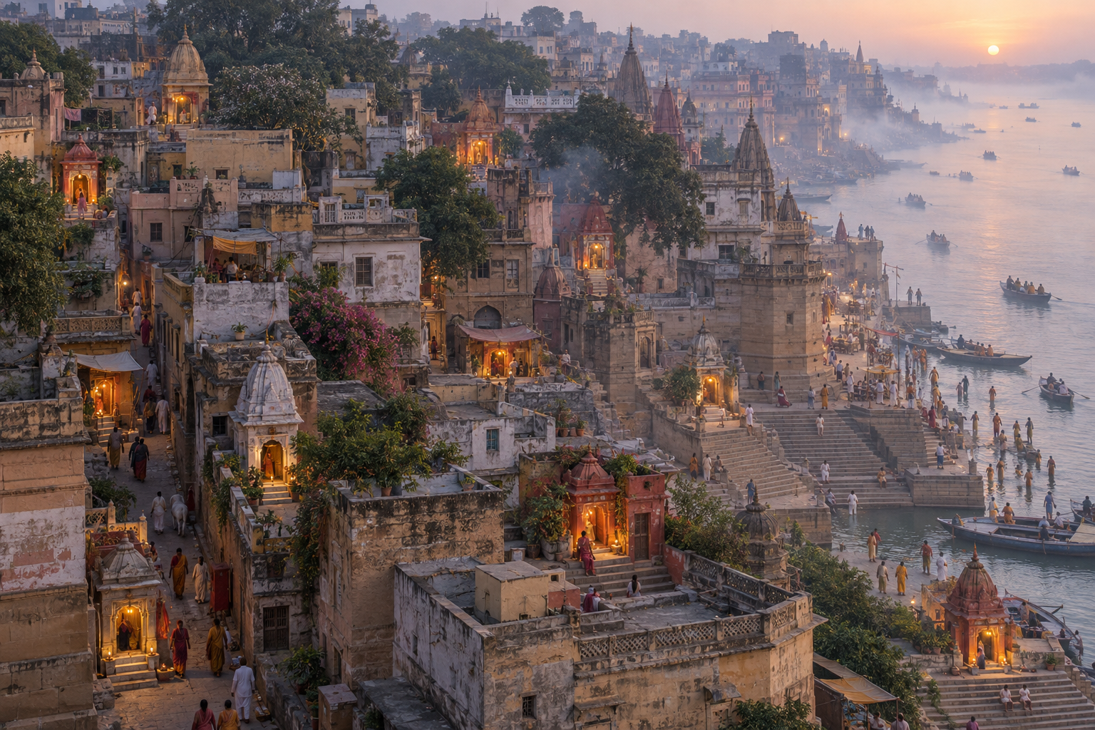 An elevated view of Kashi shows pilgrims moving through dense lanes and riverside ghats among nine softly lit neighborhood shrines.