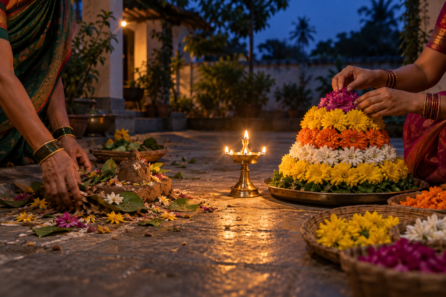 Hands clear clay and petals from a completed observance while other hands assemble a layered Bathukamma flower stack beside a glowing oil lamp.