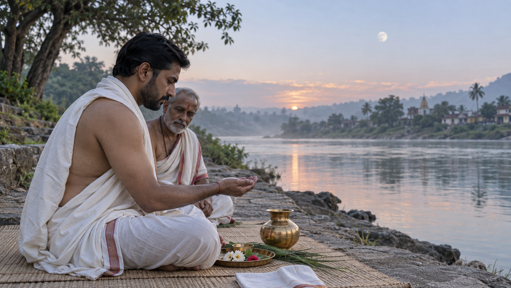 A practitioner holds water in a cupped hand beside a river at dawn while an elder sits nearby with simple ritual materials.
