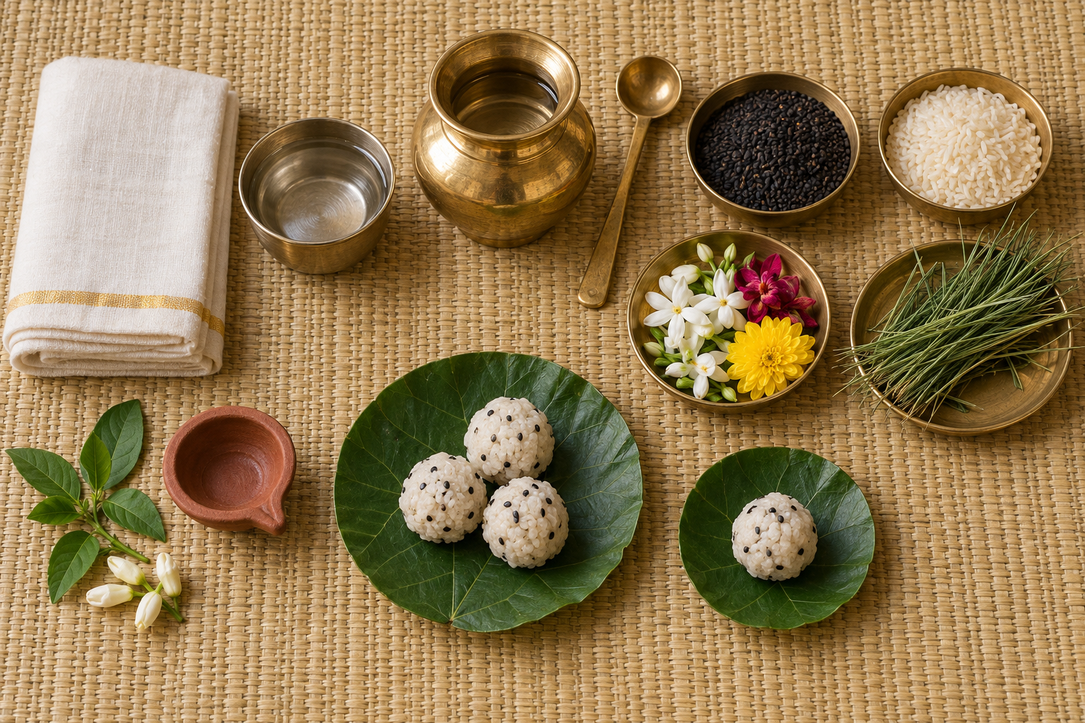 Cloth, water vessels, sesame seeds, rice, flowers, darbha grass and leaf-plate offerings are arranged in a tidy preparation sequence.