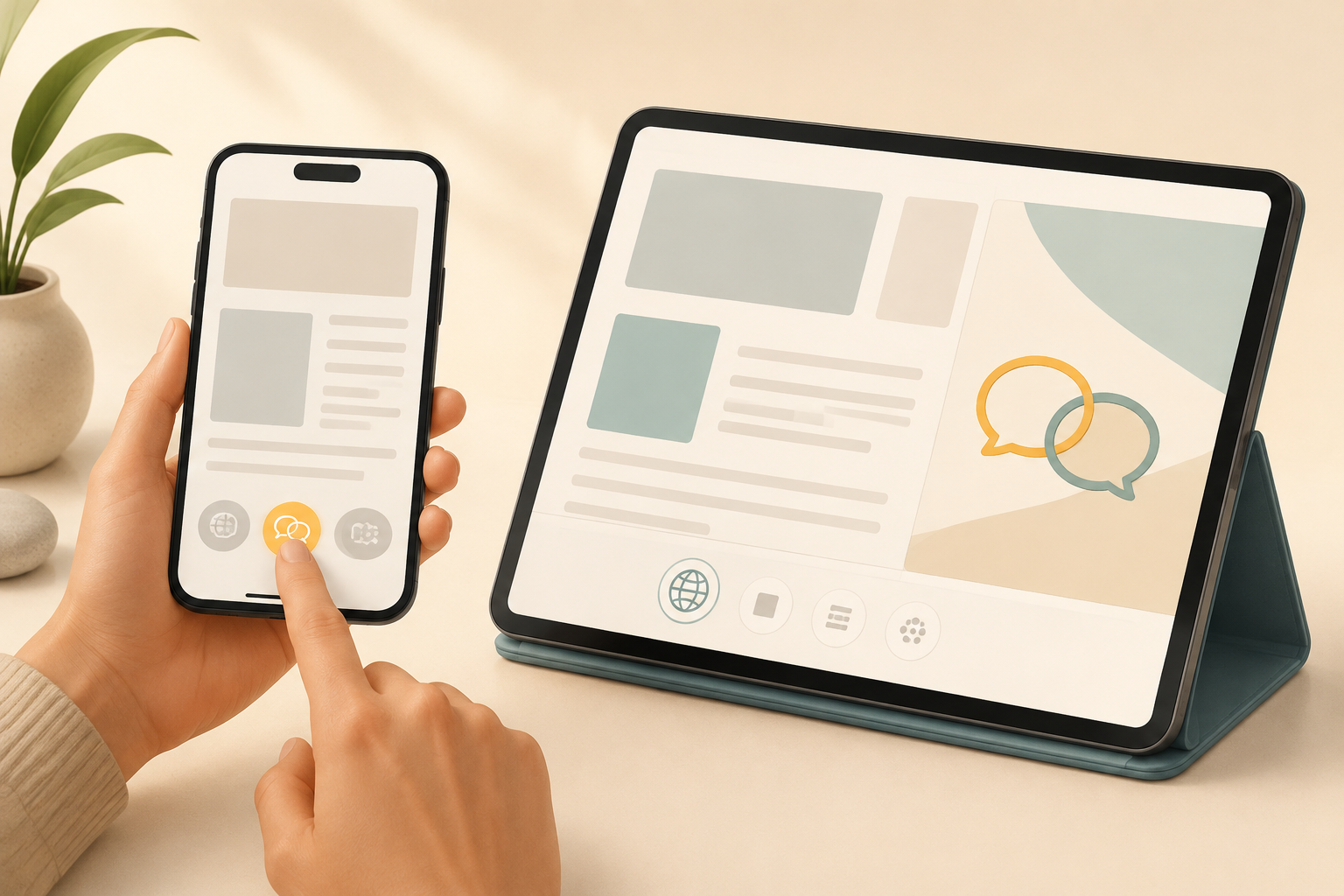 A hand uses a highlighted tool on a smartphone beside a tablet, with text-free page layouts and simple globe and speech-bubble symbols.