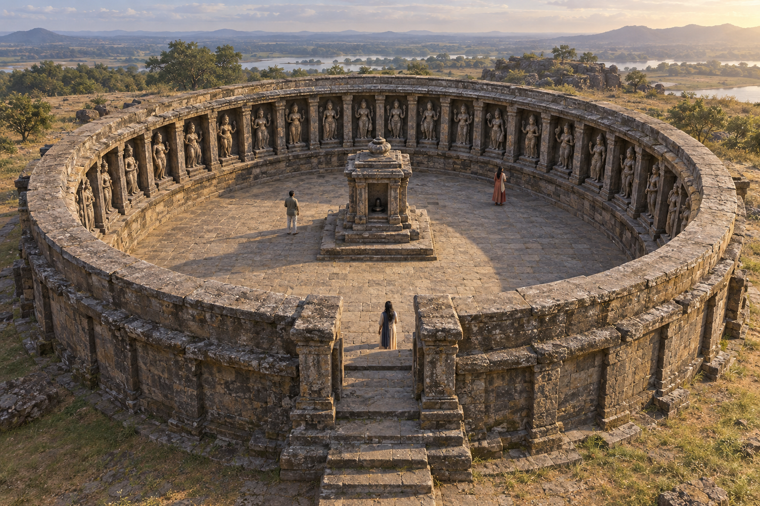 An open-air circular stone temple has dozens of sculpted female divinities arranged in niches around a central courtyard.