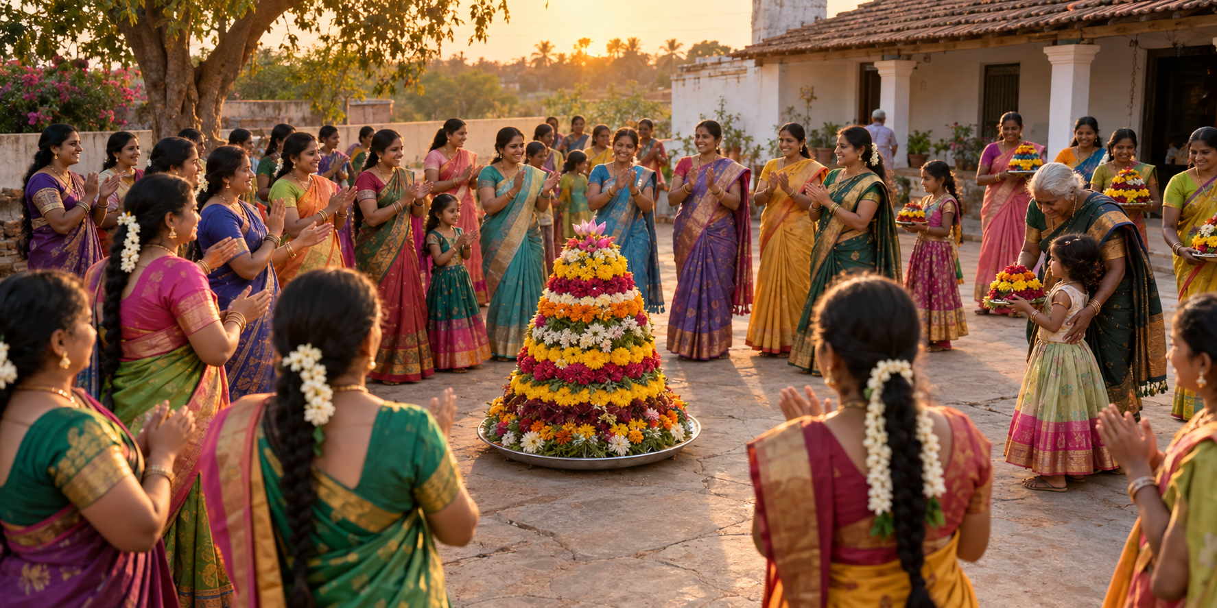 Women and girls clap in a circle around a layered Bathukamma flower arrangement while families join the courtyard gathering.