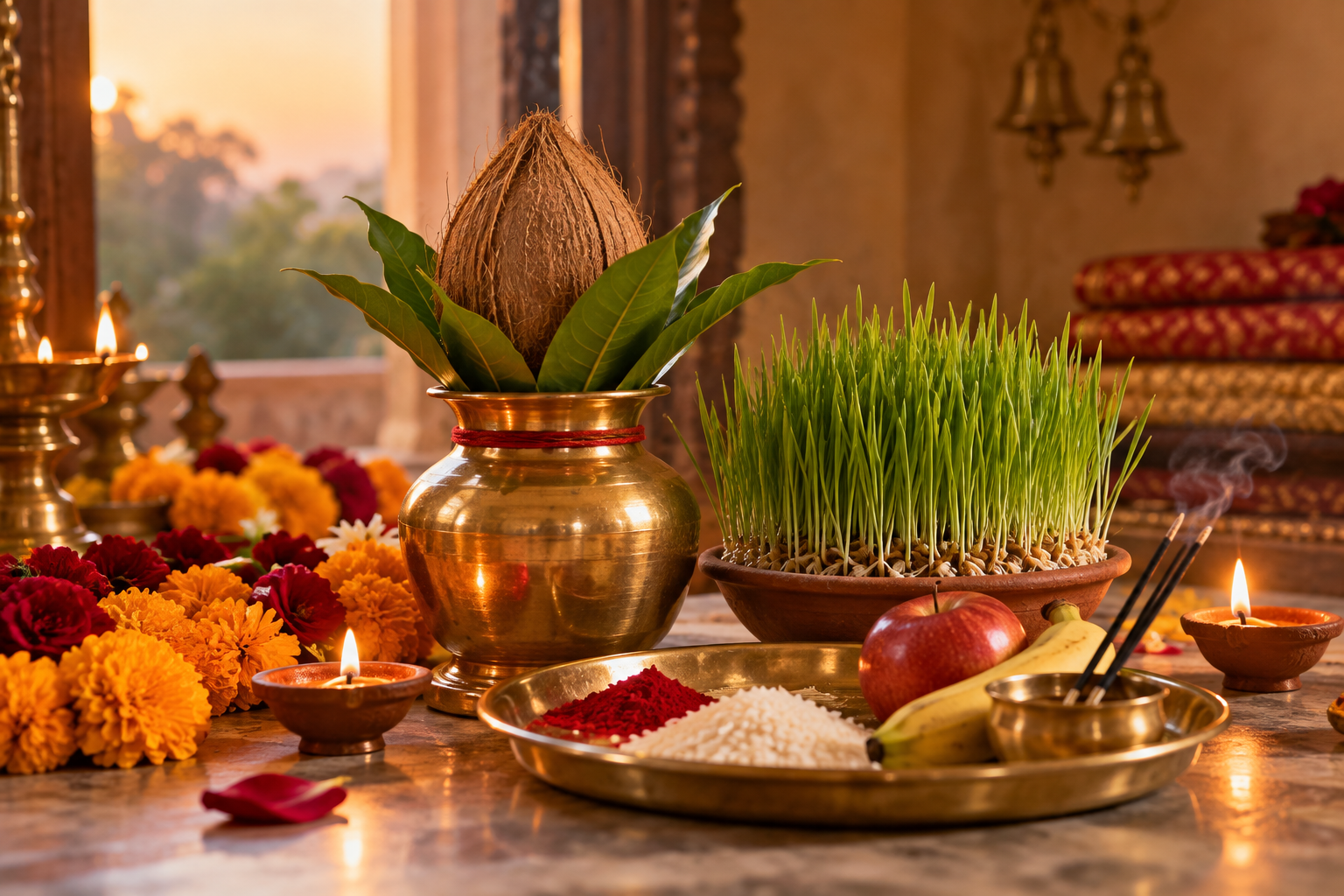 A brass kalasha, barley shoots, marigolds, oil lamps, tika powder, rice, fruit, and incense arranged in a home shrine.