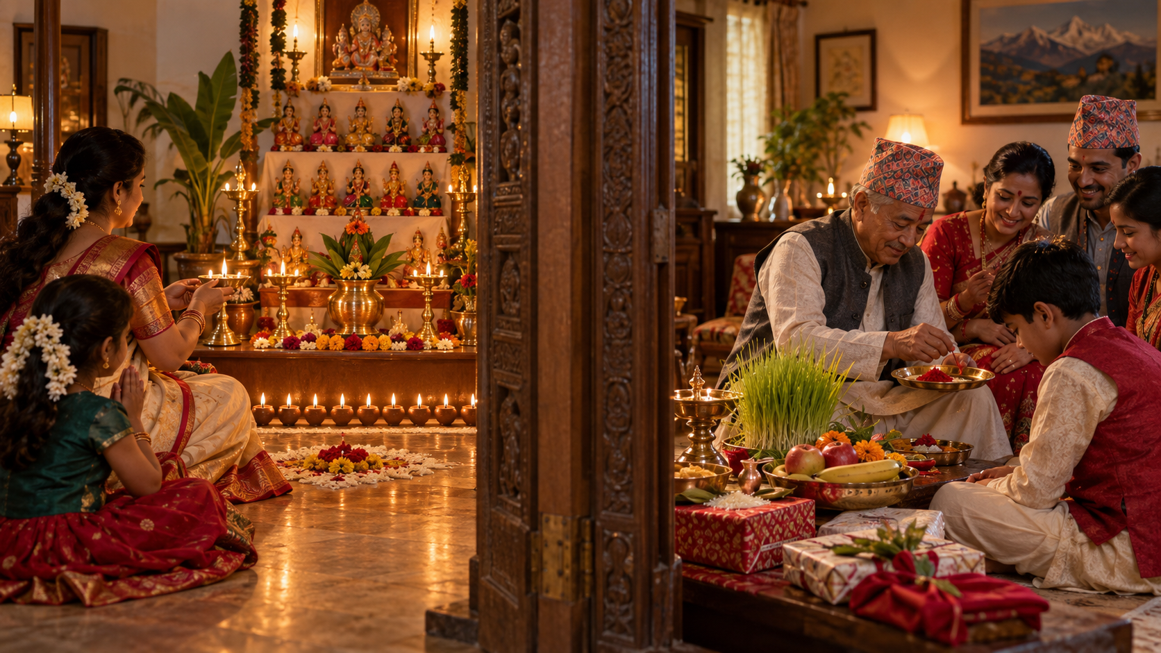 A split scene shows a lamp-lit Navaratri home altar and a Nepali Dashain family preparing tika and jamara.