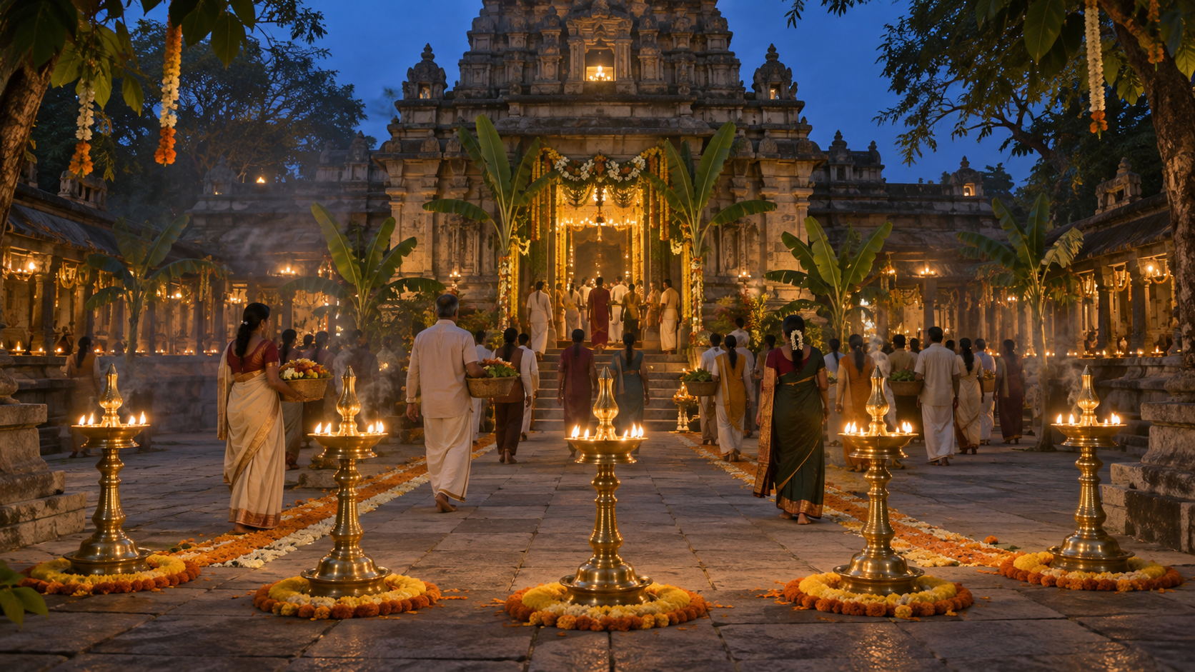 Five brass oil lamps glow along a flower-lined temple courtyard as devotees approach with offerings at dusk.