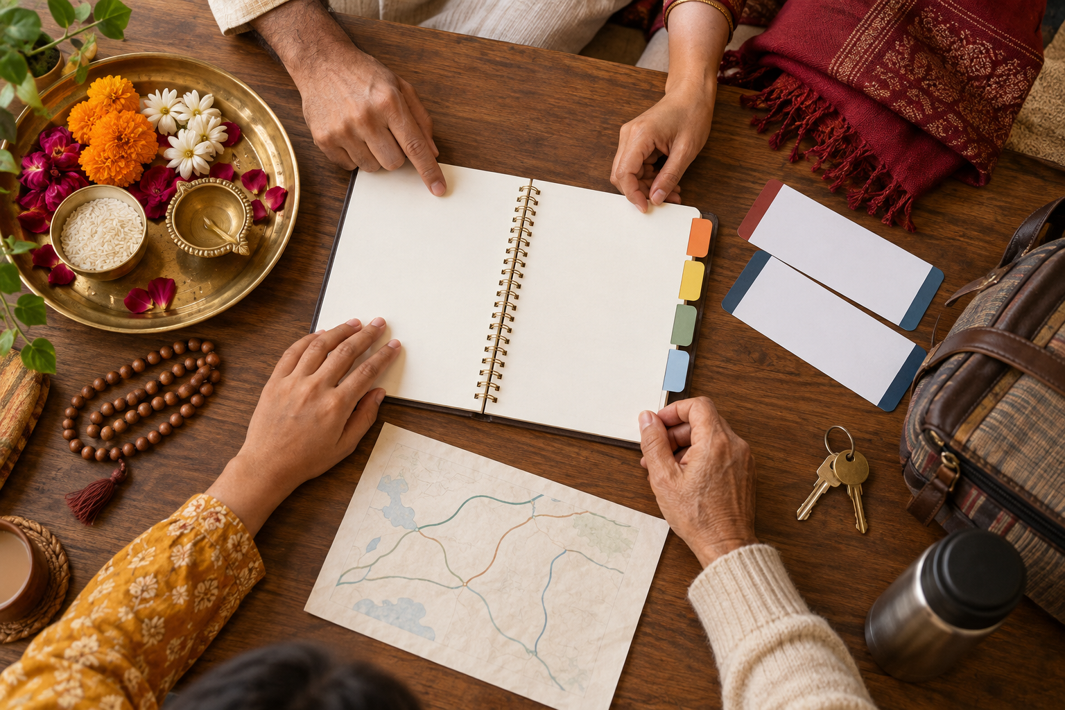 Family members arrange a blank planner beside puja items, travel papers, keys, and a packed cloth bag.