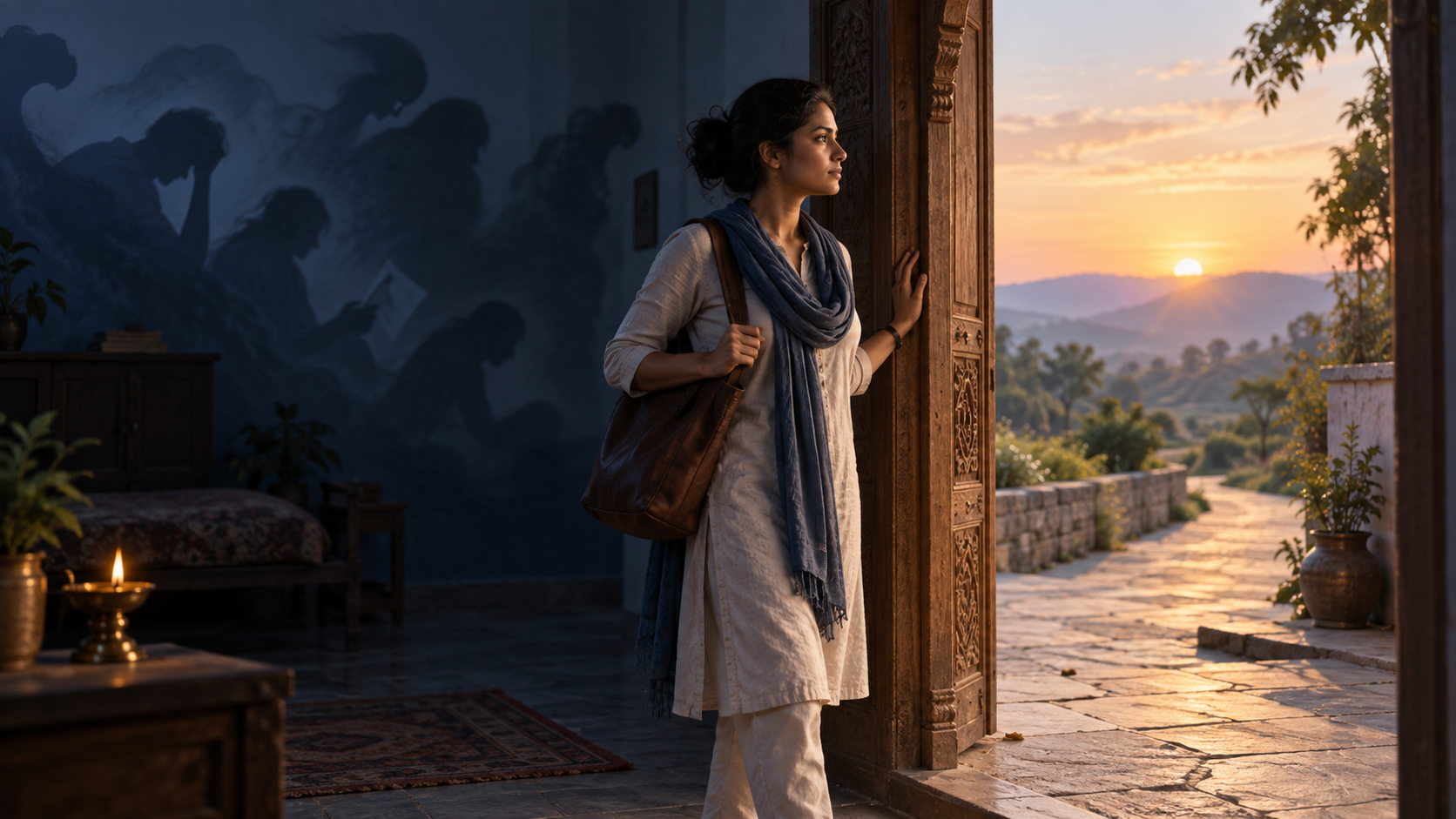 An Indian adult pauses at a doorway while exaggerated shadows remain behind them and a sunlit path opens ahead.