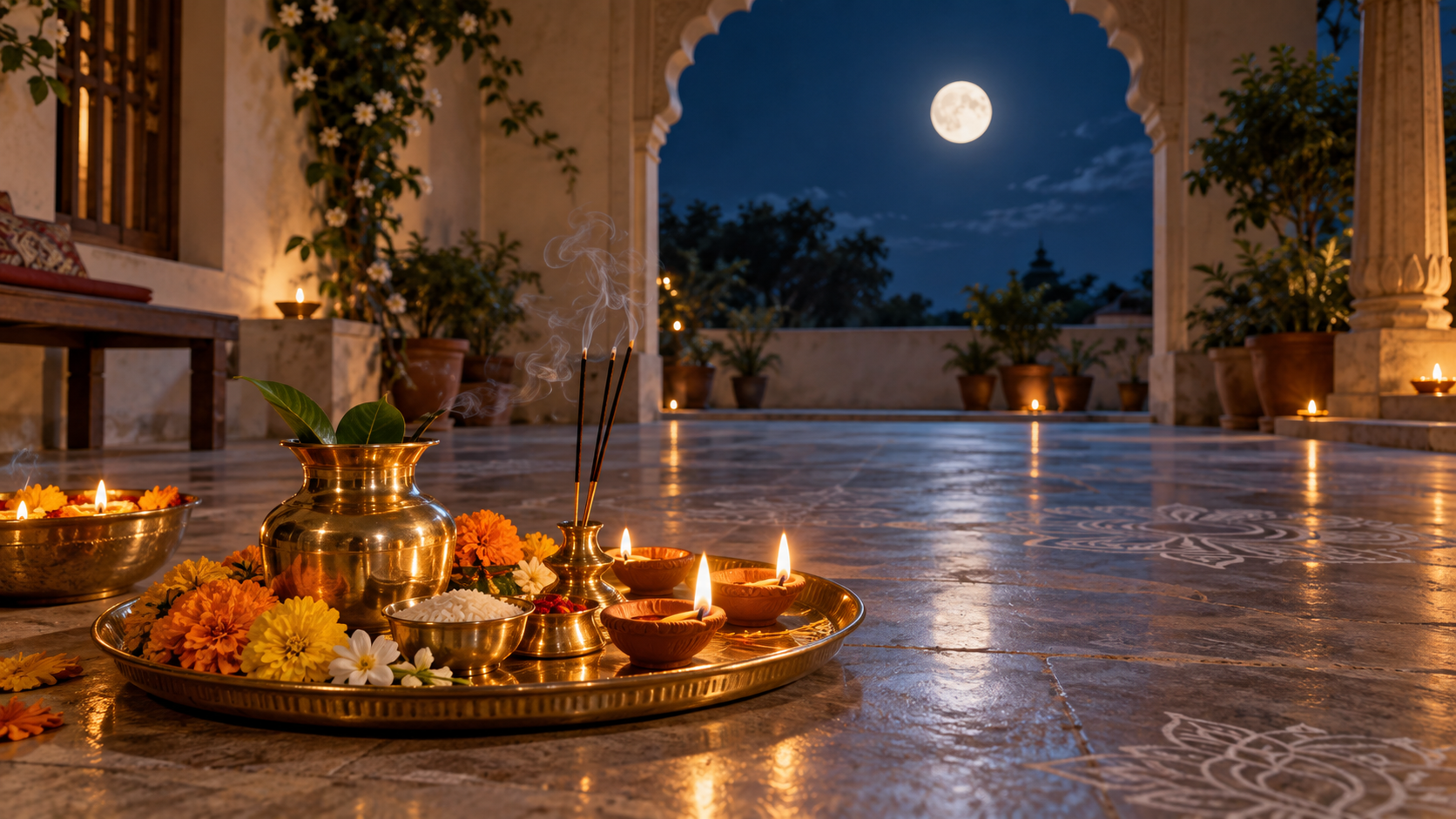 A brass puja tray with flowers, incense, a water vessel, and glowing oil lamps beneath a bright moon in an Indian courtyard.