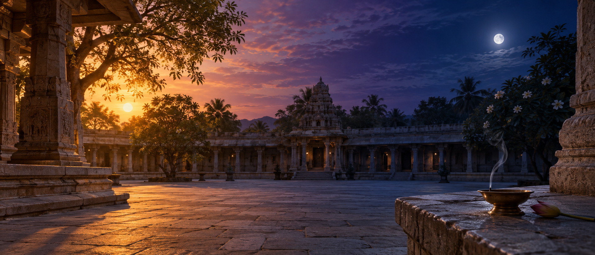The same temple courtyard shown transitioning from golden daylight through twilight into a moonlit late evening.