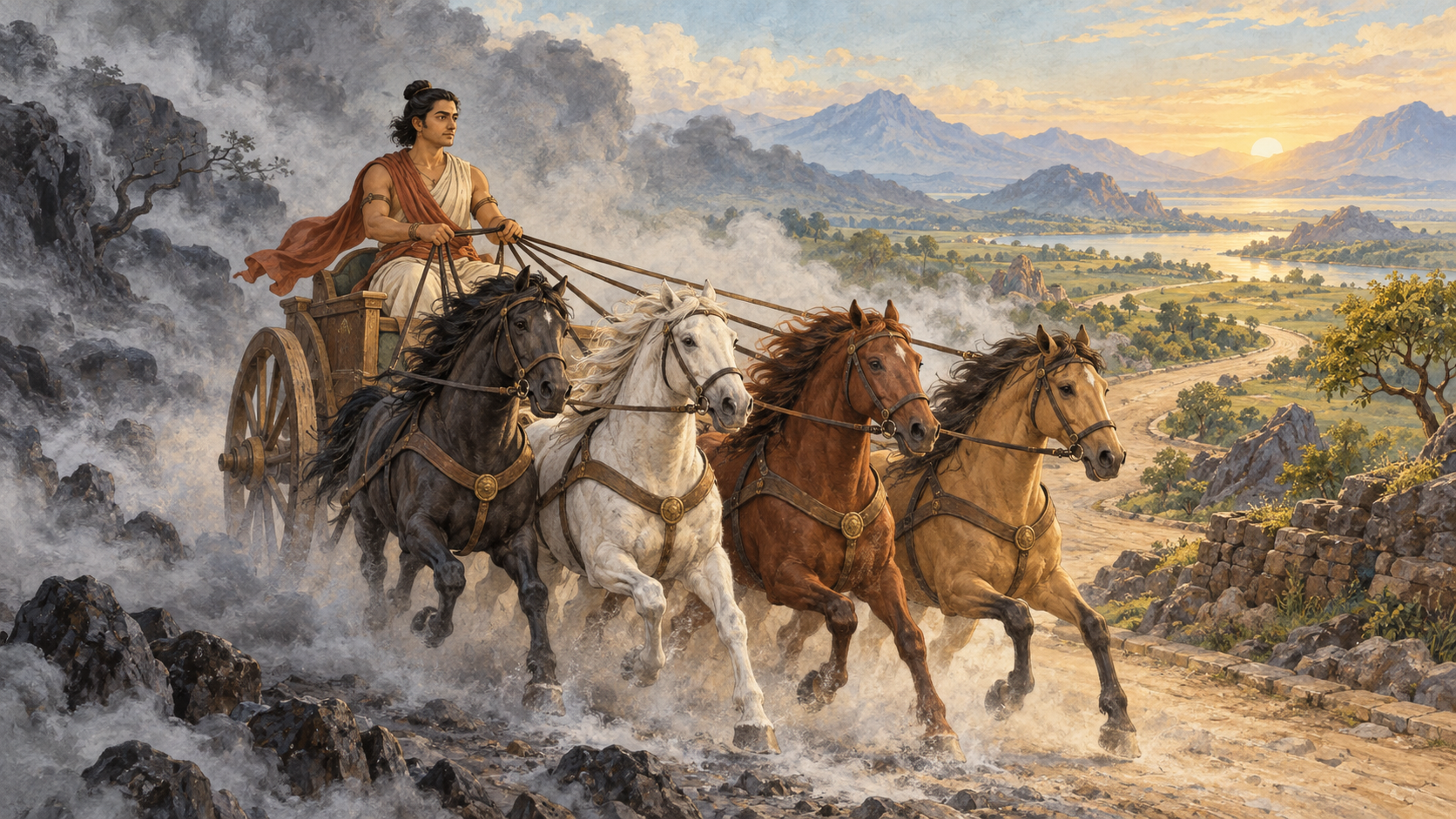 A calm Indian traveler guides four horses into alignment as a misty road opens into clear countryside.