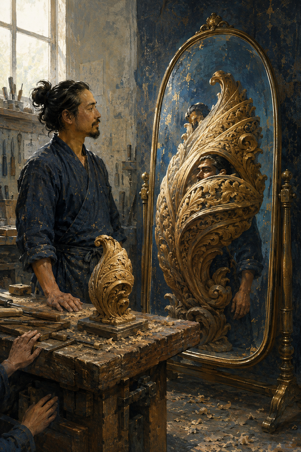 A craftsperson and a carved object face a brass mirror in which the object appears as an ornate shell surrounding the person's reflection.